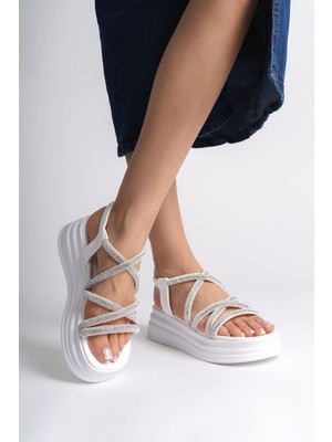 DMR Elegance Elena Lastikli Taşlı Şeritli Ortopedik Taban Kadın Sandalet  Cbt - Beyaz