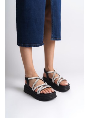 DMR Elegance Elena Lastikli Taşlı Şeritli Ortopedik Taban Kadın Sandalet Cst - Siyah