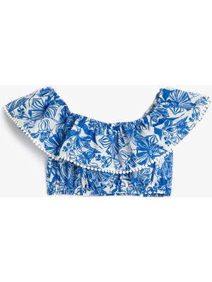 Koton Crop Bluz Düşük Omuz Fırfırlı Çiçekli Viskoz