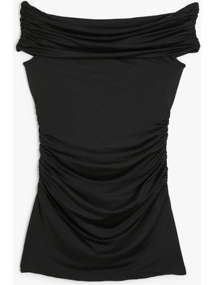 Koton Mini Slip Elbise Kayık Yaka Drapeli Slim Fit Kolsuz