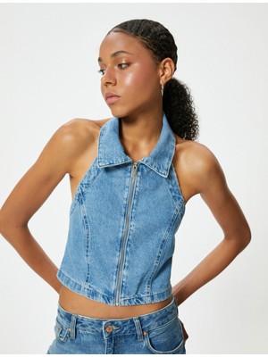 Koton Halter Yaka Denim Crop Top Fermuarlı Sırt Dekolteli Slim Fit