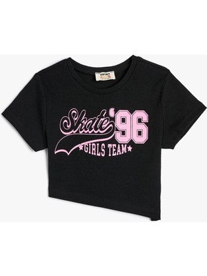 Koton Crop Tişört Asimetrik Bel Baskılı Pamuklu