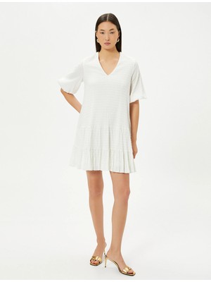 Koton Balon Kol Elbise Mini V Yaka Volanlı Dokulu