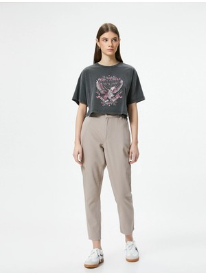 Koton Beli Lastikli Kot Pantolon Yüksek Bel Rahat Kesim Crop Paça Pamuklu Cepli - Baggy Jean