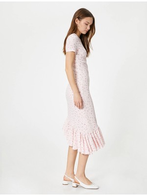 Koton Çiçekli Elbise Midi Boy Asimetrik Kesim Fırfırlı Kısa Kollu Bisiklet Yaka