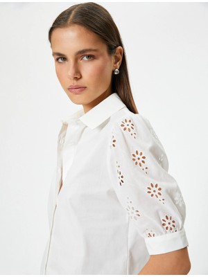 Koton Balon Kol Gömlek Kısa Kollu Çiçek Fisto Detaylı Pamuklu