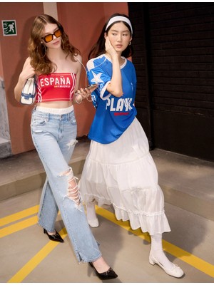 Koton Straplez Crop Top Baskılı Slim Fit