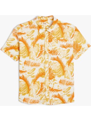 Koton Keten Gömlek Kısa Kollu Yaprak Desenli Tek Cepli