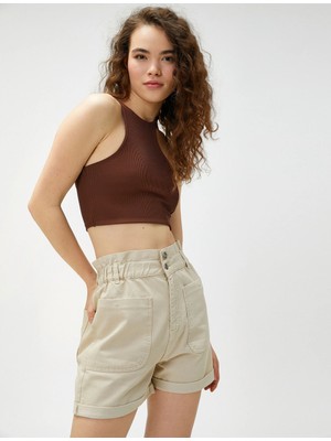 Koton Kot Şort Yüksek Bel Cep Detaylı Düğmeli Pamuklu