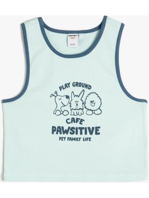 Koton Crop Atlet Bisiklet Yaka Köpek Baskılı Ribanalı Pamuklu