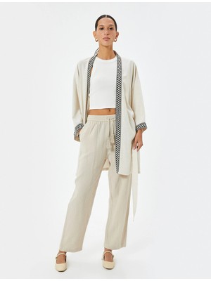 Koton Keten Viskon Karışımlı Oversize Kimono Geniş 3/4 Kol Desenli Kemer Detaylı