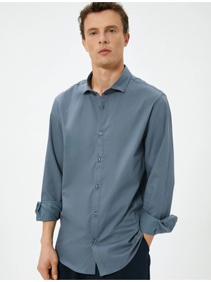 Koton Basic Gömlek Slim Fit Yarım Italyan Yaka Düğmeli