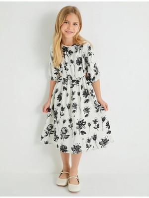 Koton Keten Elbise Çiçekli Balon Kollu Yuvarlak Yaka