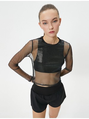 Koton Parlak Tül Crop Tişört Spor Uzun Kollu Bisiklet Yaka