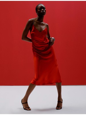 Koton Maxi Saten Abiye Elbise V Yaka Çapraz Taşlı Askılı