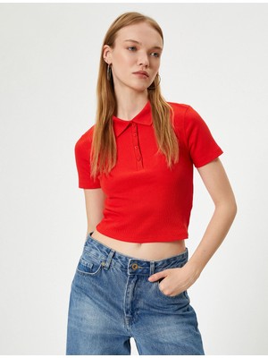 Koton Polo Yaka Tişört Crop Slim Fit Düğmeli Kısa Kollu