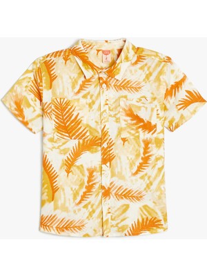 Koton Keten Gömlek Kısa Kollu Yaprak Desenli Tek Cepli