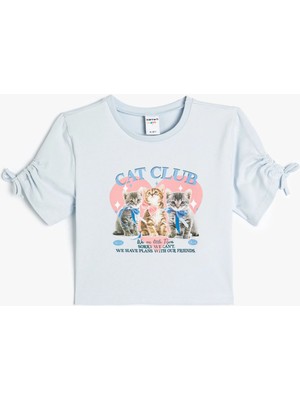 Koton Tişört Büzgü Detaylı Kedi Baskılı Kısa Kollu Pamuklu