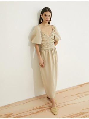 Koton Uzun Poplin Elbise Balon Kollu Drapeli V Yaka Pamuklu