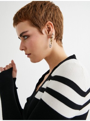 Koton Polo Yaka Çizgili Crop Triko Kazak Uzun Kollu Dar Kalıp