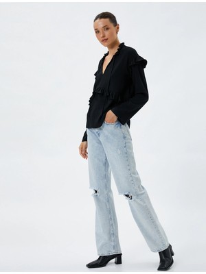 Koton Uzun Kollu Bluz Fırfırlı V Yaka Bağlama Detaylı Pamuklu