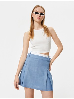 Koton Mini Şort Etek Keten Karışımlı Pileli Düğme Detaylı Fermuarlı