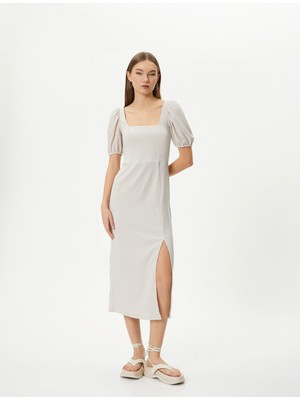 Koton Balon Kol Elbise Midi Yırtmaç Detaylı Kısa Kollu Slim Fit