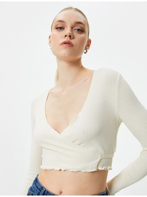 Koton Kruvaze Crop Bluz Bağlamalı V Yaka Uzun Kollu Ribanalı