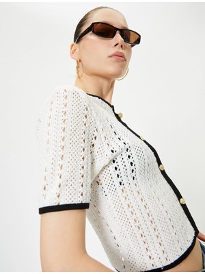 Koton Ajurlu Kroşe Bluz Düğmeli Kısa Kollu Yuvarlak Yaka