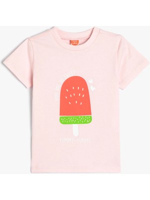 Koton Tişört Dondurma Baskılı Kısa Kollu Bisiklet Yaka