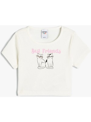 Koton Crop Tişört Kısa Kollu Kedi Baskılı Bisiklet Yaka