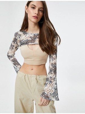 Koton Ajurlu Crop Bolero Tişört Uzun Geniş Kollu Batik Desenli