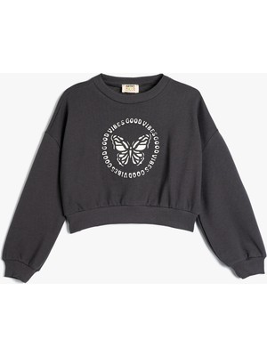 Koton Oversize Sweatshirt Kelebek Baskılı Uzun Kollu Bisiklet Yaka Pamuklu
