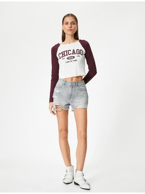 Koton Mini Kot Şort Yıpratmalı Cepli Yüksek Bel