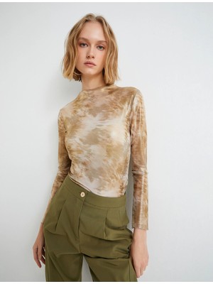 Koton Metalik Parlak Tül Tişört Uzun Kollu Dik Yaka