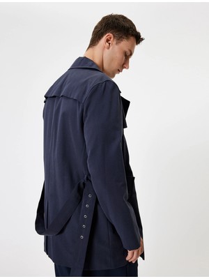 Koton Kadın Slim Fit Trençkot Kuşak Detaylı Lacivert Pamuk Karışımlı Şık Tasarım