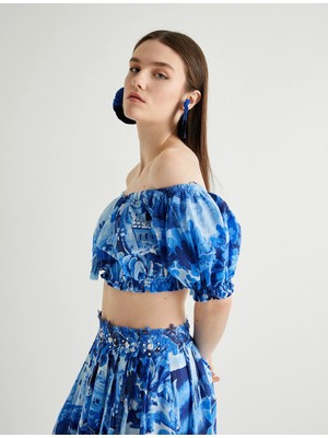 Koton Omzu Açık Üst Crop Balon Kollu Çiçekli Püsküllü Pamuklu