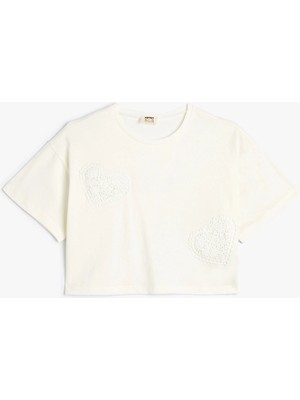 Koton Crop Tişört Kalpli Kısa Kollu Bisiklet Yaka Pamuklu