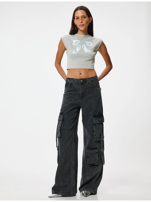 Koton Crop Tişört Fiyonk Baskılı Bisiklet Yaka Kısa Kollu Slim Fit