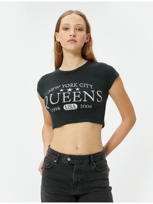 Koton Crop Baskılı Tişört Bisiklet Yaka Kısa Kollu Pamuklu Slim Fit