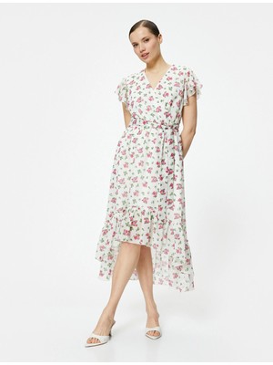 Koton Midi Çiçekli Elbise Şifon Fırfırlı Beli Kuşaklı Asimetrik Kesim V Yaka