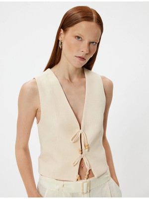 Koton Önden Bağlama Detaylı Yelek Crop V Yaka