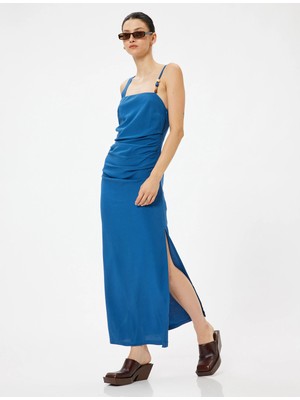 Koton Keten Karışımlı Askılı Uzun Elbise Yırtmaç Detaylı Drapeli Astarlı