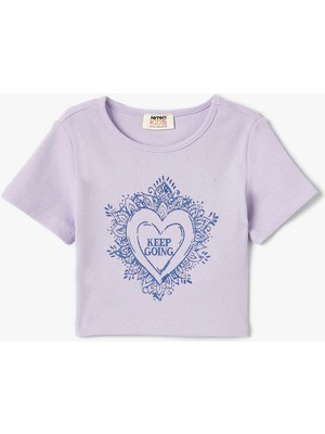 Koton Slogan Işlemeli Crop Tişört Dar Kalıp Bisiklet Yaka Kısa Kollu