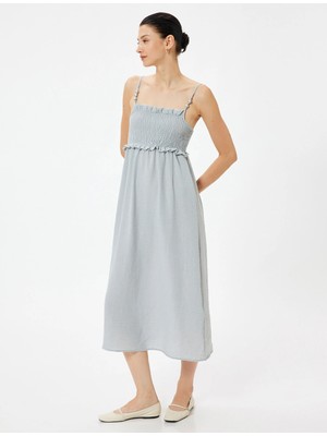 Koton Ince Askılı Midi Boy Fırfırlı Elbise Gipeli Boncuk Detaylı