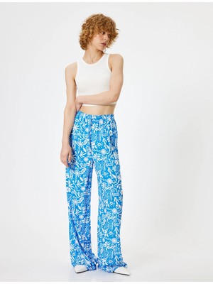 Koton Viskon Pantolon Beli Bağcıklı Geniş Uzun Paça Etnik Baskılı