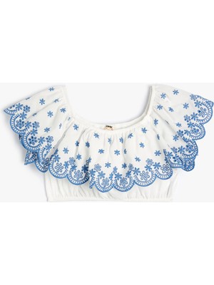 Koton Crop Bluz Düşük Omuz Fırfırlı Işlemeli