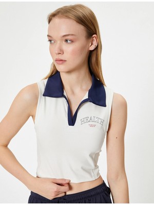Koton Crop Spor Atlet Slogan Baskılı Polo Yaka Kolsuz Slim Fit