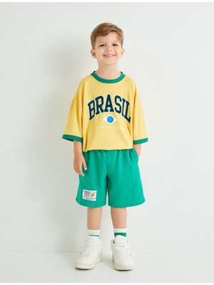 Koton Oversize Spor Tişört Brezilya Baskılı Kısa Kollu Bisiklet Yaka