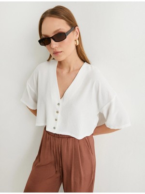 Koton Crop Gömlek Kısa Kollu Düğmeli V Yaka